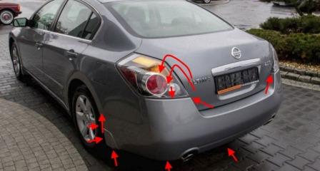 the attachment of the rear bumper Nissan Altima L32 (D32) (2006-2013)